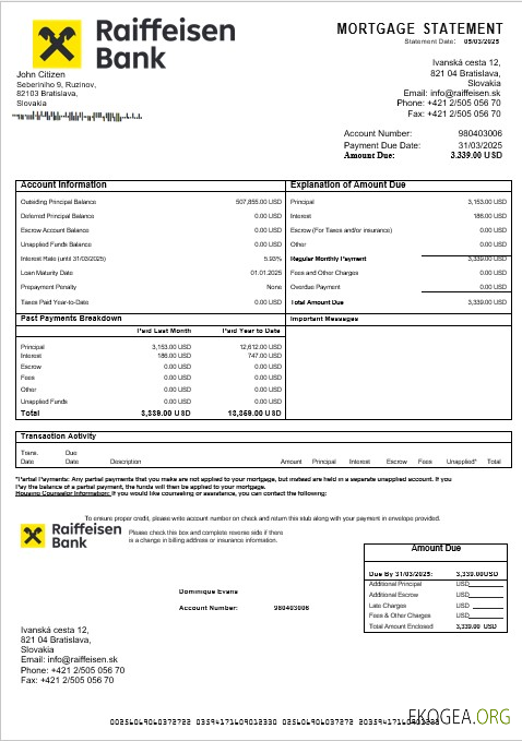Slovaquie Relevé hypothécaire de la banque Raiffeisen aux formats Word et PDF